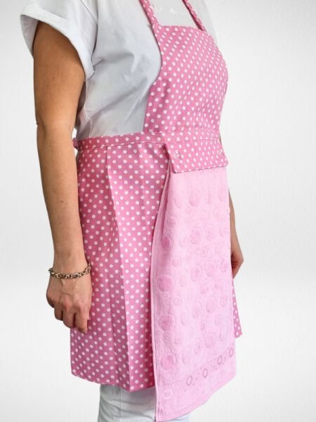 Havlulu Su Geçirmez Mutfak Önlüğü Pembe-Pembe Havlulu Puantiyeli