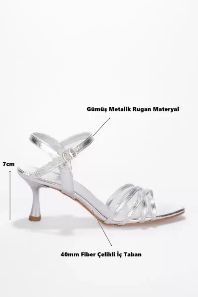 Kadın Gümüş Metalik Rugan 7cm İnce Topuklu Abiye Ayakkabı TR45MY01B