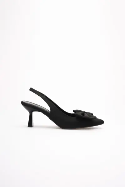 Siyah Fiyonklu Kitten Topuklu Slingback Kadın Ayakkabı TR08MS24A
