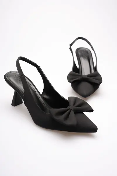 Siyah Fiyonklu Kitten Topuklu Slingback Kadın Ayakkabı TR08MS24A