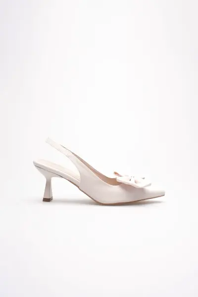 Bej Fiyonklu Kitten Topuklu Slingback Kadın Ayakkabı TR08MS24B