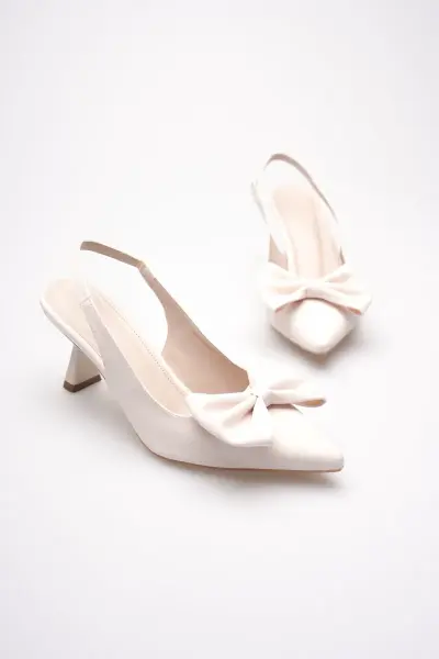 Bej Fiyonklu Kitten Topuklu Slingback Kadın Ayakkabı TR08MS24B