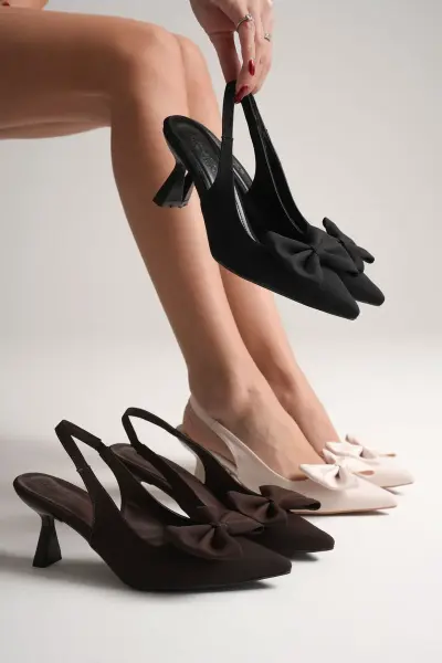 Bej Fiyonklu Kitten Topuklu Slingback Kadın Ayakkabı TR08MS24B