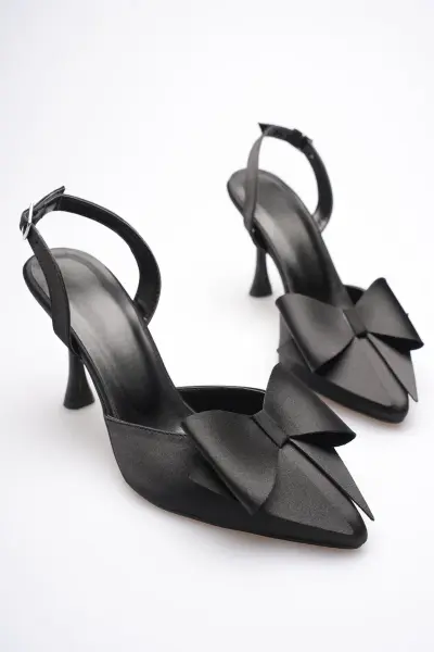 Kadın Siyah Fiyonklu Saten Slingback Topuklu Ayakkabı TR40MS01A