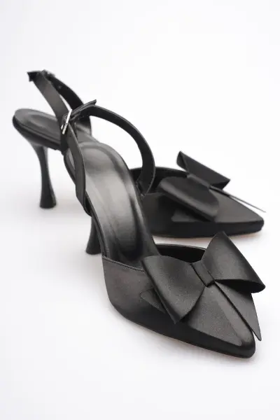 Kadın Siyah Fiyonklu Saten Slingback Topuklu Ayakkabı TR40MS01A