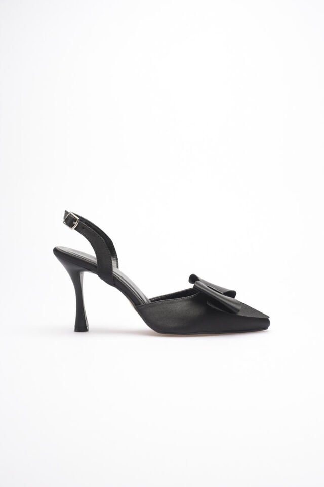 Kadın Siyah Fiyonklu Saten Slingback Topuklu Ayakkabı TR40MS01A