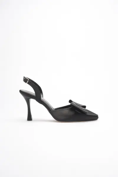 Kadın Siyah Fiyonklu Saten Slingback Topuklu Ayakkabı TR40MS01A