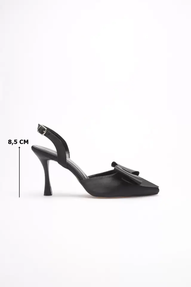 Kadın Siyah Fiyonklu Saten Slingback Topuklu Ayakkabı TR40MS01A