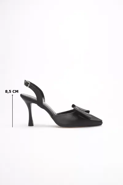 Kadın Siyah Fiyonklu Saten Slingback Topuklu Ayakkabı TR40MS01A