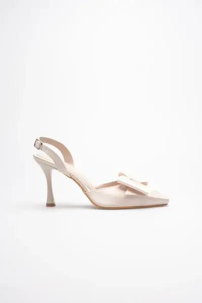 Kadın Bej Fiyonklu Saten Slingback Topuklu Ayakkabı TR40MS01B