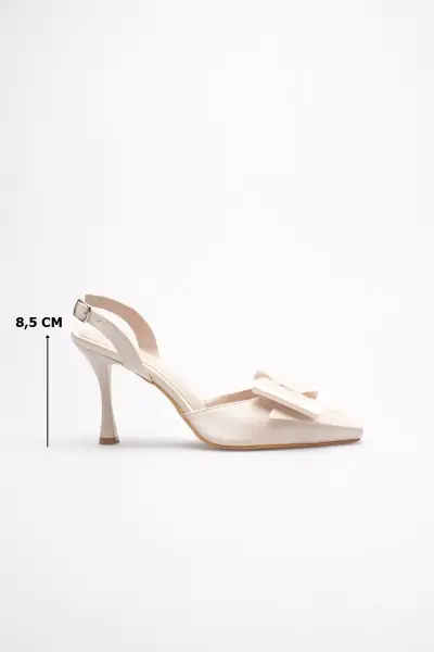 Kadın Bej Fiyonklu Saten Slingback Topuklu Ayakkabı TR40MS01B