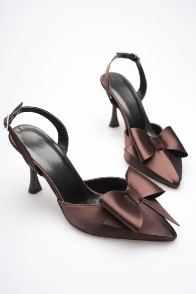 Kadın Acı Kahve Fiyonklu Saten Slingback Topuklu Ayakkabı TR40MS01C