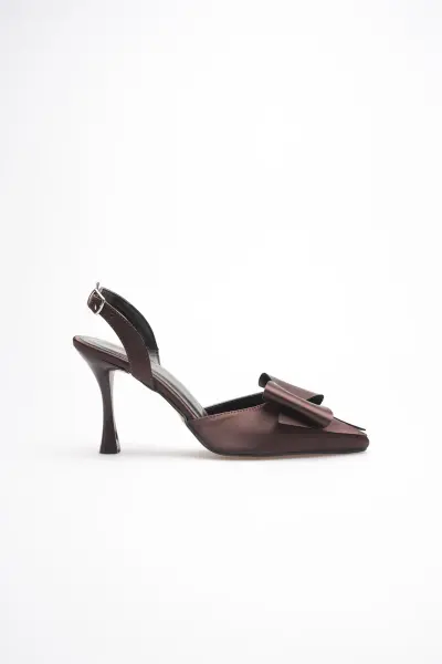 Kadın Acı Kahve Fiyonklu Saten Slingback Topuklu Ayakkabı TR40MS01C