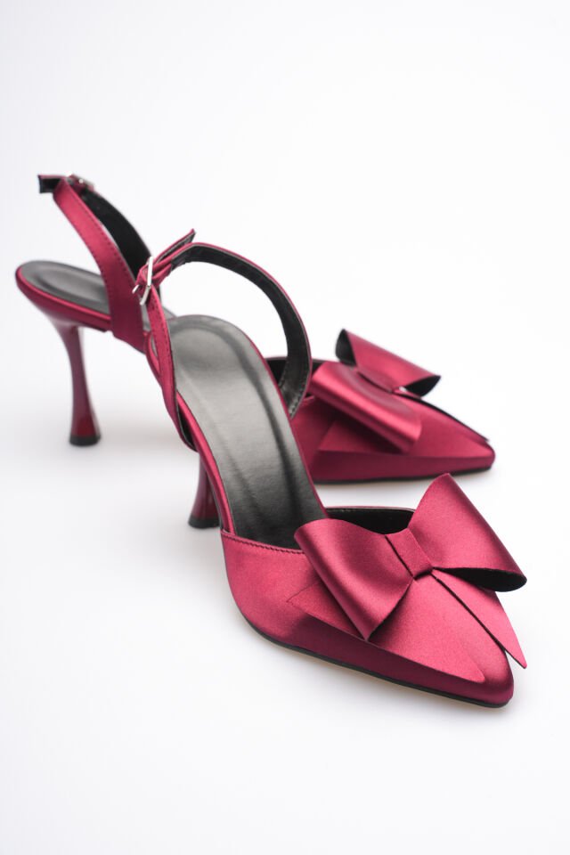 Kadın Bordo Fiyonklu Saten Slingback Topuklu Ayakkabı TR40MS01D