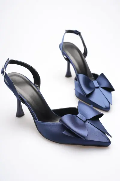 Kadın Lacivert Fiyonklu Saten Slingback Topuklu Ayakkabı TR40MS01E