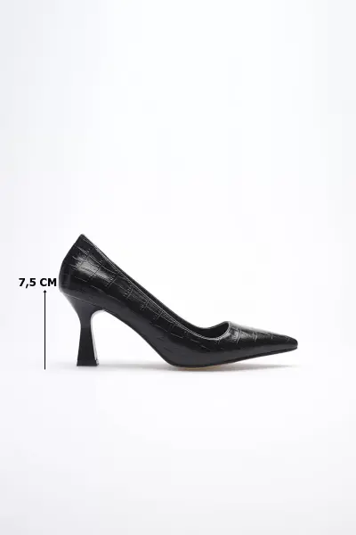 Siyah Kroko Sivri Burun Orta Topuklu Kadın Stiletto TR20MS02F