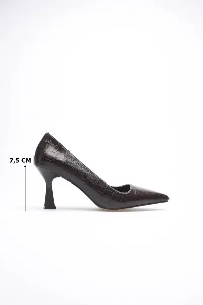 Acı Kahve Kroko Sivri Burun Orta Topuklu Kadın Stiletto TR20MS02G