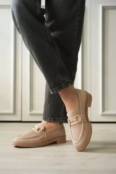 Bej Kadın Loafer Metal Tokalı Rahat Günlük Ayakkabı TR30MS02B